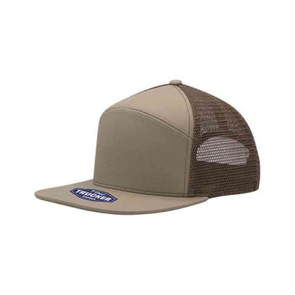 Plain Cotton Twill Flat Brim Mesh Adjustable Snapback Trucker Baseball Cap - color: 7 Panel Khaki/Brown