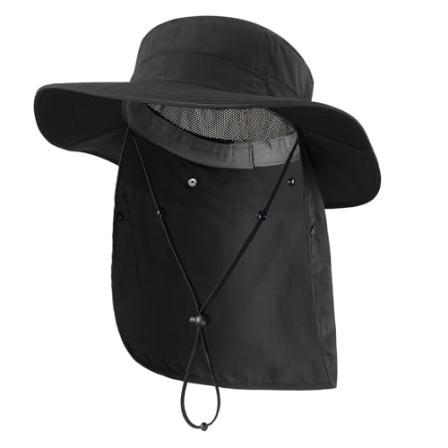 Home Prefer UPF 50+ Wide Brim Sun Hats with Neck Flap Sun Protection Hat for Men Women Gardening Fishing Summer Bucket Hat - color: Black
