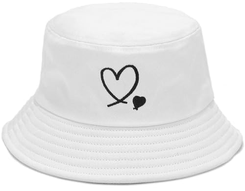 Bucket Hat Beach Sun Hat Fishing Hat for Women Men, Summer Outdoor Travel Packable Fisherman Hat - color: Love Heart White