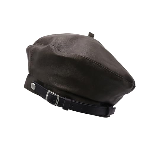 MINGSEECESS Women PU Leather French Black Beret Hat Causal Beanie Hat - color: Belt-light Brown