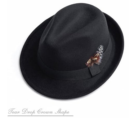 Short Brim Fedora Hat for Men Women Felt Trilby with Feather - color: Black