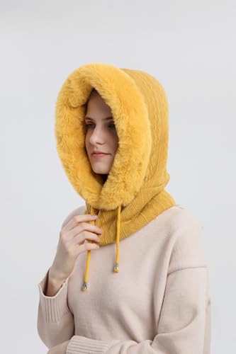 Womens Winter Hats, Warm Hooded Scarf Hat for Women, Fleece Beanie Hat with Drawstring, Balaclava Knit Skull Cap - color: Ginger