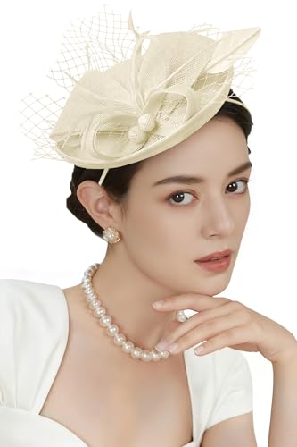 BABEYOND Fascinators Hats for Women Tea Party Pillbox Sinamay Derby Hat - color: Beige