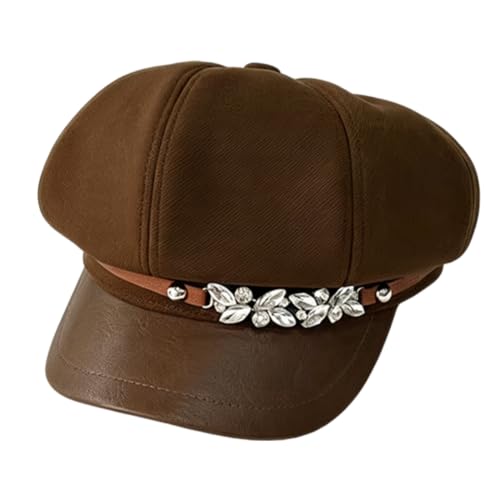 Newsboy Cabbie Baker Hat Octagonal Beret Cap Pageboy Visor Paperboy Hats Sailor Fiddler Caps for Women Men - color: Rhinestone Brown