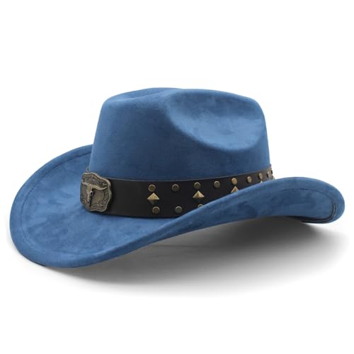 LIDHAY Cowboy Hat for Women Men with Shapeable Wide Brim Western Suede Hat for Cowboys and Cowgirls - color: Dark Blue