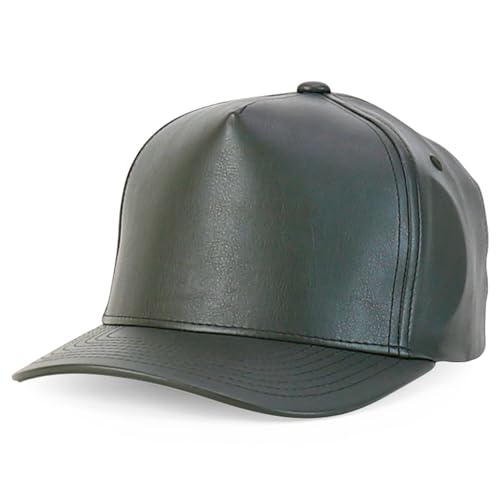 Trendy Apparel Shop PU Leather 5 Panel Structured High Profile Snapback Cap - color: Olive