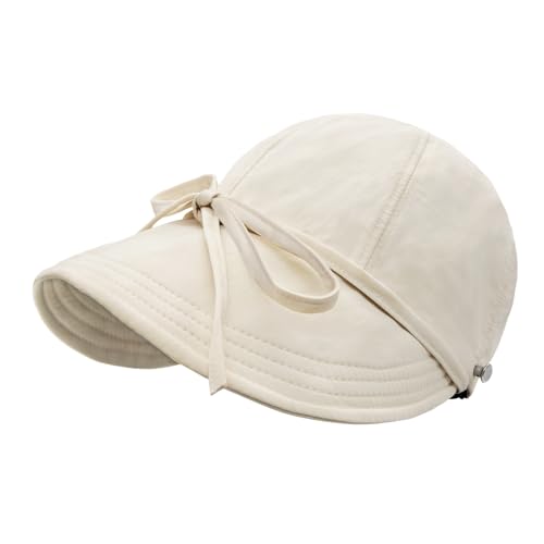 YAMEIZE Womens Bucket Sun Hat Packable Wide Brim Ponytail Beach Hat with Windproof Strap Sun Protection UPF50+ - color: Beige