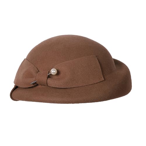 Vintage Wool Felt Cloche Bucket Bowler Hat Women Church Wedding Fascinator Formal Dress Hat Winter Fedoras - color: Dark Camel