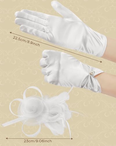 2Pcs 50s Fascinators Hats for Women Wedding Cocktail Flower Mesh Ribbons Feathers Church Tea Party Hats and Lace Glove - color: White