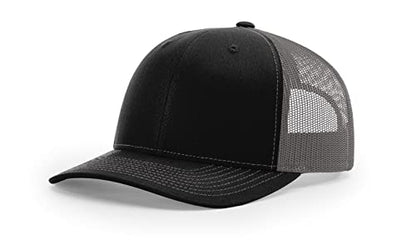 Richardson 112 Trucker Hat - Premium Blank Baseball Cap, Adjustable Snapback Hat - Structured Six Panel Richardson Blank Hats - color: Black/ Charcoal