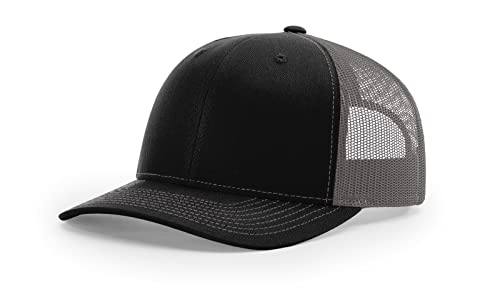 Richardson 112 Trucker Hat - Premium Blank Baseball Cap, Adjustable Snapback Hat - Structured Six Panel Richardson Blank Hats - color: Black/ Charcoal