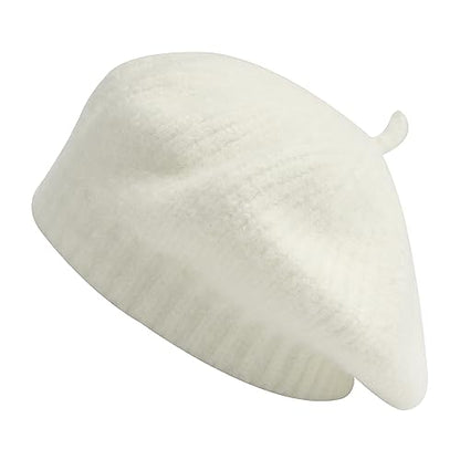 ZLYC Women French Beret Hat Winter Knitted Stretchable Beret Artist Cap - color: Plain White