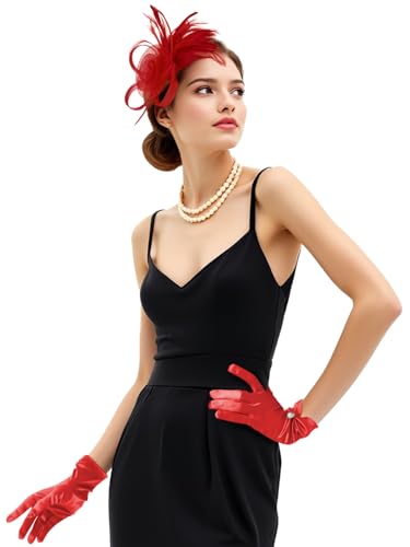 2Pcs 50s Fascinators Hats for Women Wedding Cocktail Flower Mesh Ribbons Feathers Church Tea Party Hats and Lace Glove - color: Red