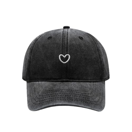 Women's Cute Heart Embroidered Baseball Cap Adjustable Vintage Washed Cotton Low Profile Dad Hat - color: Black