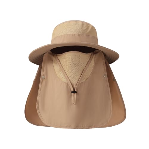 Men's Sun Hat Fishing Hat Boonie Hat UPF 50+ Wide Brim Outdoor Work Hat with Breathable Mesh and Chin Strap for Outwork - color: Khaki