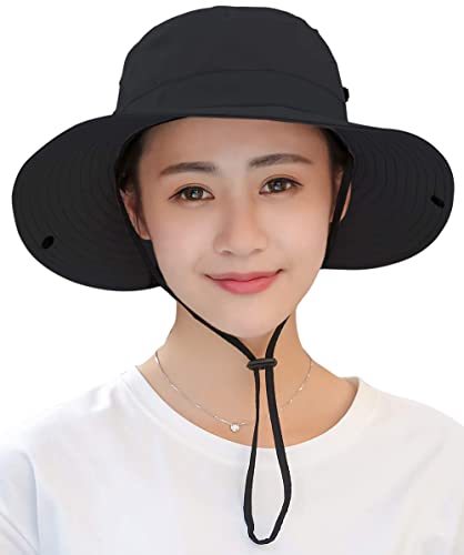 Womens Sun-Hat Outdoor Protection Foldable Beach-Bucket-Hat Ponytail-Hole - color: Black
