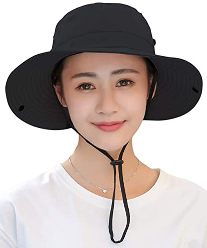 Womens Sun-Hat Outdoor Protection Foldable Beach-Bucket-Hat Ponytail-Hole - color: Black