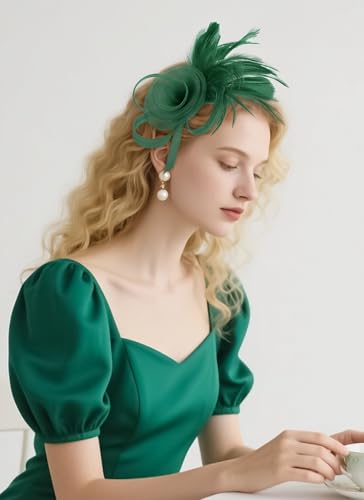 Zinniday Victorian Feather Fascinators Hats - 2025 Derby Attire Headwear with Hairpin,1920s Tea Party Hat for Woman - color: Green
