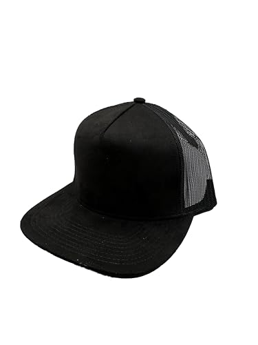 Ashen Fane Faux Suede Polyester Blend 5 Panel Classic Flat or Round Visor Adjustable Snapback Mesh Back Trucker Hat - color: Flat - Black