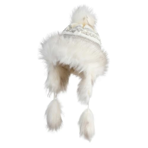 Cross Stitch Knit Fleece Lined Faux Fur Trapper Beanie Hat with String - color: Cream