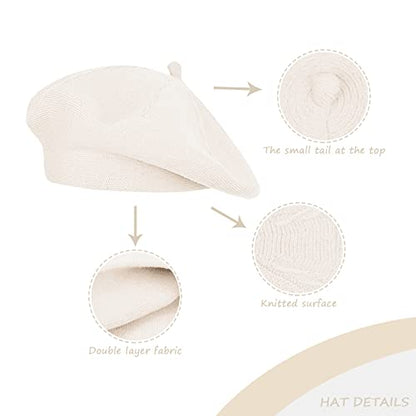 Gllutt Beret Hat French Style Stretchy Knitting Solid Color Both Side Usable - color: White