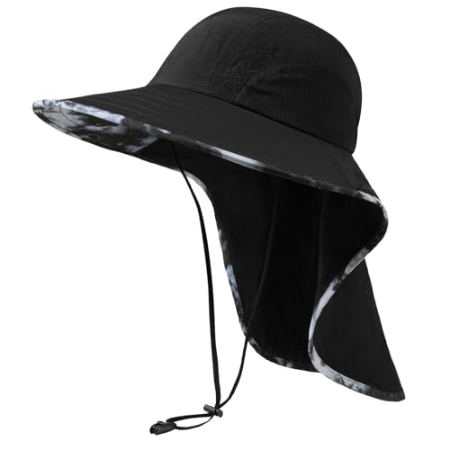 BASSDASH UPF 50+ Unisex Water Resistant Wide Brim Sun Hat with Large Neck Flap Ponytail Fishing Hat for Men Women - color: Black/Splash Black