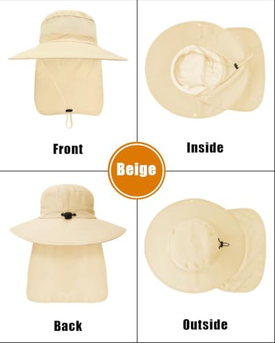 Outdoor Sun Hats with Stowable Neck Flap for Men Women UPF 50+ Mesh Summer Bucket Hat Wide Brim for Fishing Safari Hiking - color: Beige