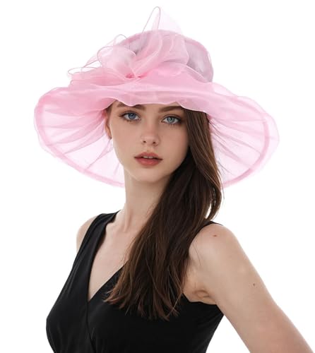 Derby Hats for Women 2026 Women's Elegant Organza Kentucky Fascinator for Church, Tea Party, Weddings Hats - color: Hat1-pink