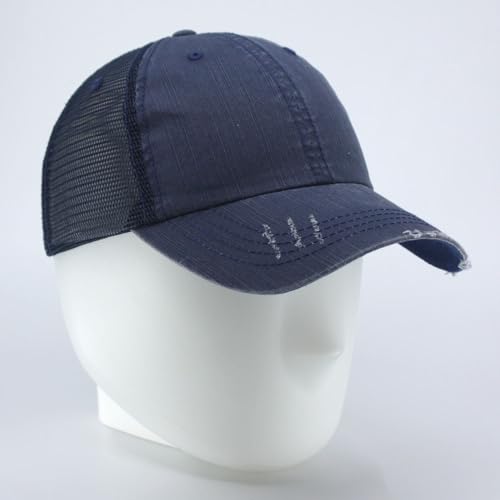The Vintage Year Distressed Cotton Unstructured Soft Mesh Breathable Adjustable Dirty Wash Dad Hat Trucker Baseball Cap - color: Distressed Navy
