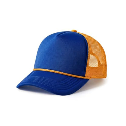 CHOK.LIDS Blank Foam Trucker Hat, Retro Mesh Rope Snapback Cap, Men Women - color: Curved Brim (Royal/Gold)