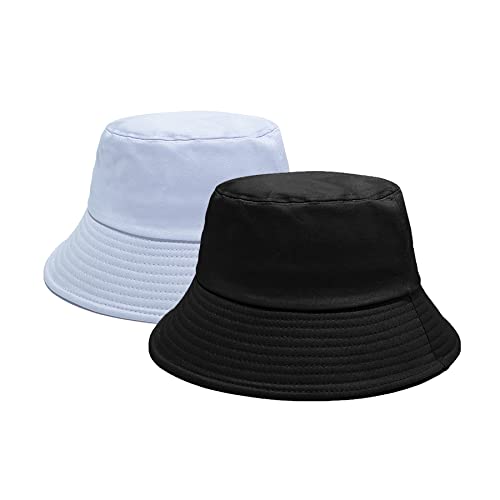 PFFY 2 Packs Bucket Hat for Women Men Cotton Hats Sun Beach Fishing Cap - color: White+black