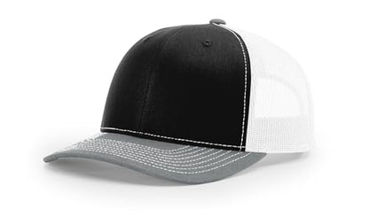 Richardson 112 Trucker Hat - Premium Blank Baseball Cap, Adjustable Snapback Hat - Structured Six Panel Richardson Blank Hats - color: Black/White/ Heather Grey
