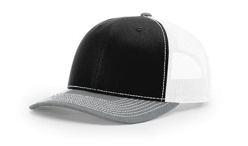 Richardson 112 Trucker Hat - Premium Blank Baseball Cap, Adjustable Snapback Hat - Structured Six Panel Richardson Blank Hats - color: Black/White/ Heather Grey