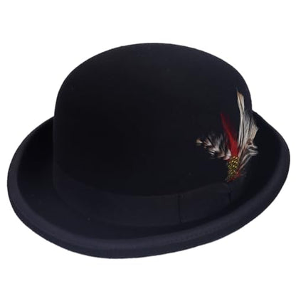 Men's Wool Fedora Hats Women Felt Bowler Derby Hat with Feather - color: Black, size: Large
