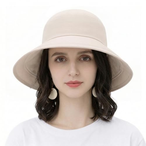 Womens Foldable Shapeable Brim Sun Hat UPF 50+ Cotton Wide Brim Beach Adjustable Chin Strap Hat Sun Protection Cap - color: Z1-beige
