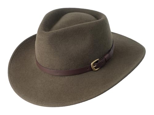 Bigalli Melbourne Fedora Wool Felt Hat - Outdoor - Wide Brim Crushable Water-Resistant Warm & UV Protection - color: Moss, size: Large