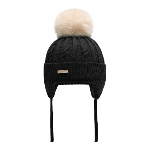 ZLYC Kids Girls Boy Winter Hat Cotton Lined Pom Pom Beanie Earflap Knit Cap - color: Solid Black