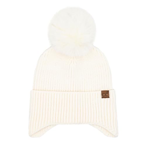 C.C Sequin Pom Beanie for Women - Acrylic Stretchable Soft Warm Knit Winter Skully Hat with Yarn Pom - color: Earflap-ivory