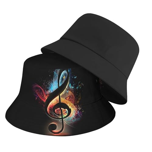 Amasnay Neon Bucket Hat Cotton Double-Side-Wear Reversible Sun Hat for Women Men, Summer Vacation Travel Beach Fisherman Hat - color: Music Note