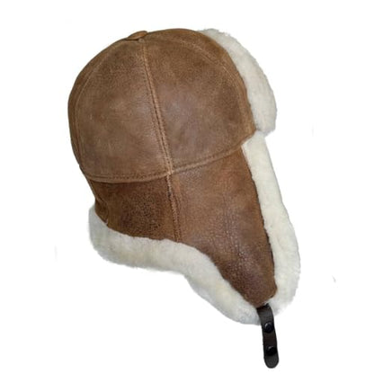 Leather Aviator Russian Ushanka Trapper Shearling Sheepskin Fur Ear Flap Waterproof Winter Hat - color: Cognac Brown, size: Medium