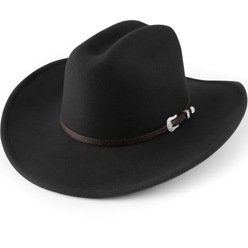 AQOKKA Western Cowboy Hats for Women Classic Felt Wide Brim Fedora Hat with Belt Buckle Retro Panama Hat Unisex Rolled up Cap - color: 1 Pc Fedora Hat : Black