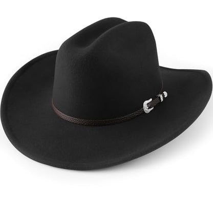 AQOKKA Western Cowboy Hats for Women Classic Felt Wide Brim Fedora Hat with Belt Buckle Retro Panama Hat Unisex Rolled up Cap - color: 1 Pc Fedora Hat : Black