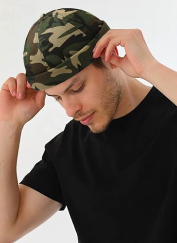 2 Pcs Mens Brimless Docker Cap Set - Retro Worker Sailor Skull Cap Beanie with Rolled Cuff - color: Camouflage