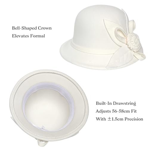 Woolen Cloche Hat for Women, Flower Winter Warm Bucket Cap - color: White
