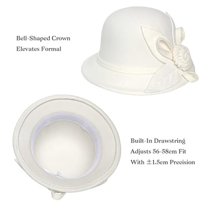 Woolen Cloche Hat for Women, Flower Winter Warm Bucket Cap - color: White
