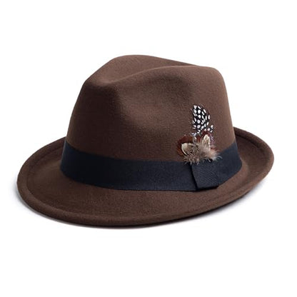 Short Brim Fedora Hat for Men Women Felt Trilby with Feather - color: Coffee