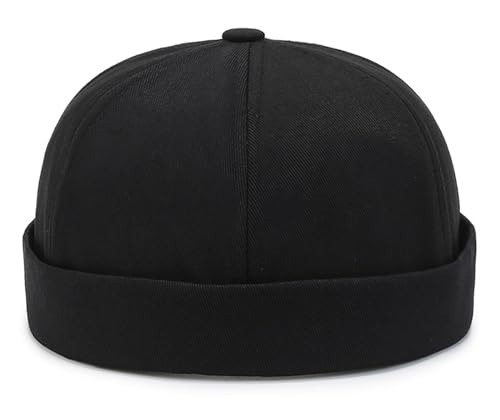 Mens Docker Cap – Brimless Beanie Skull Cap Retro Rolled Cuff Adjustable Cotton - color: Black