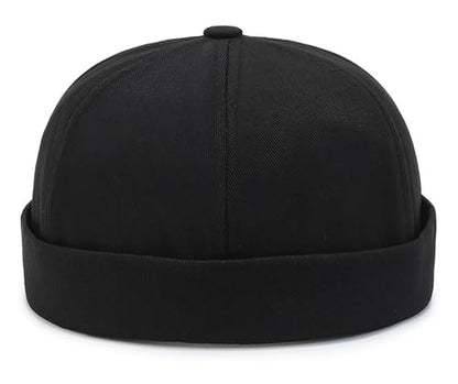 Mens Docker Cap – Brimless Beanie Skull Cap Retro Rolled Cuff Adjustable Cotton - color: Black