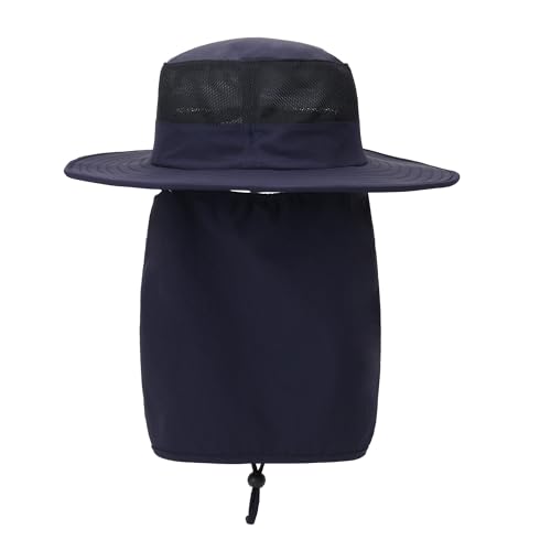 Outdoor Sun Hat UPF 50 Protection Waterproof Fishing hat Face Cover Summer Neck Flap Hat - color: Navy Blue