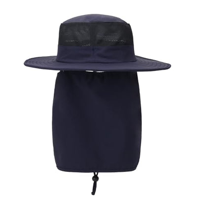 Outdoor Sun Hat UPF 50 Protection Waterproof Fishing hat Face Cover Summer Neck Flap Hat - color: Navy Blue